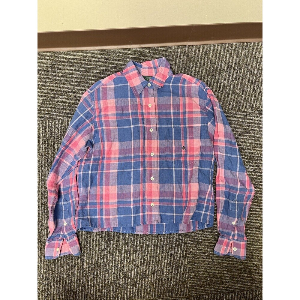 Lauren Ralph Lauren Plaid Linen Long Sleeve Monogram button down Shirt Womens S